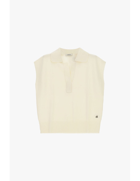 Camisola sem mangas com gola polo e bainha canelada Dixie - Branco creme