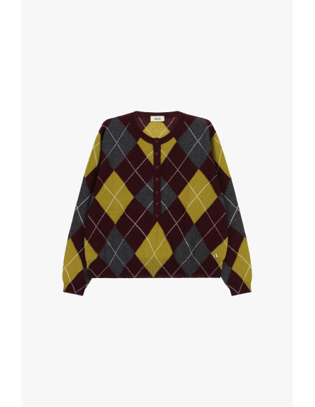 Camisola de gola redonda com padrão de losangos e botões frontais Dixie - Vinho