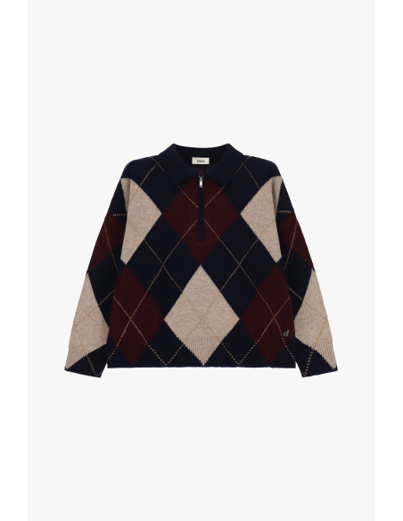 Camisola Pullover Jacquard com Losangos, com Fecho de Correr e Gola Dixie - Azul