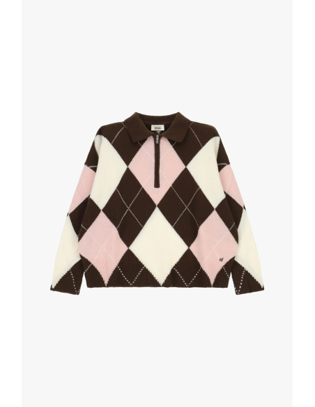 Camisola Pullover Jacquard com Losangos, Fecho e Gola Dixie - Castanho