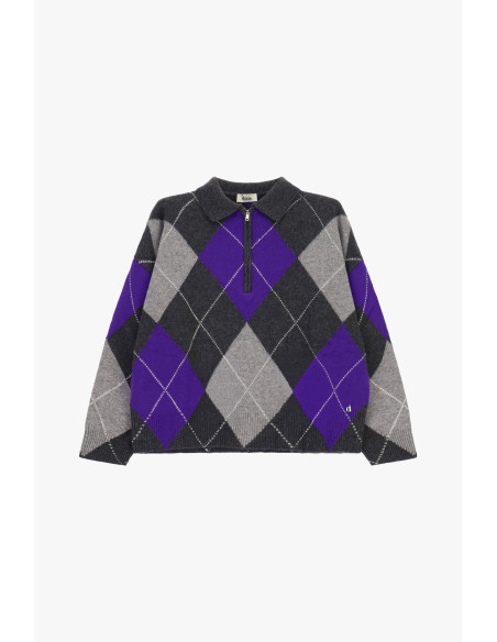 Camisola Pullover Jacquard com Losangos, Fecho e Colarinho Dixie - Cinzento Escuro