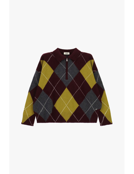 Camisola Jacquard com Losangos, Fecho de Correr e Gola Dixie - Vinho