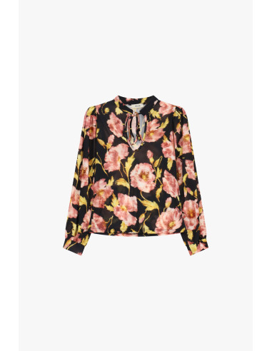 Top com estampado floral, mangas compridas e decote com laço Dixie