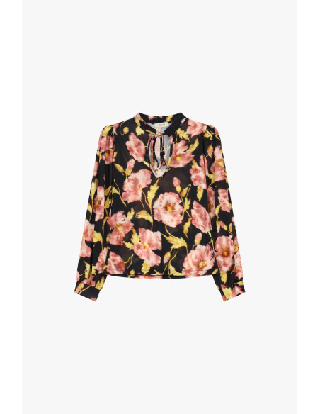 Top com estampado floral, mangas compridas e decote com laço Dixie