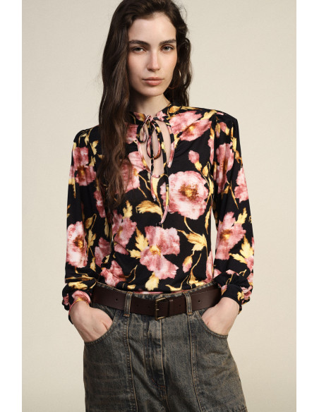 Top com estampado floral, mangas compridas e decote com laço Dixie