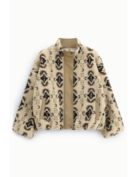 Casaco Eco-Fur estampado com fecho central Dixie - Bege