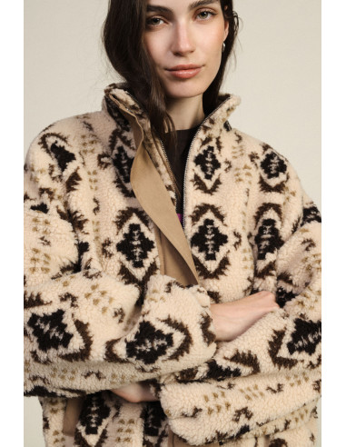 Casaco Eco-Fur estampado com fecho central Dixie - Bege