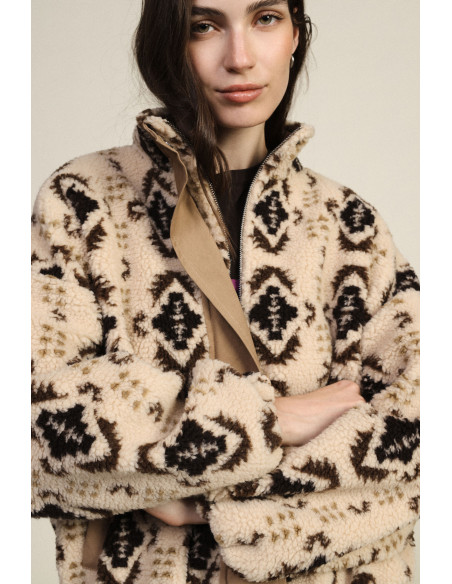 Casaco Eco-Fur estampado com fecho central Dixie - Bege