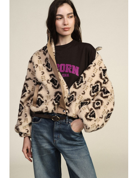 Casaco Eco-Fur estampado com fecho central Dixie - Bege