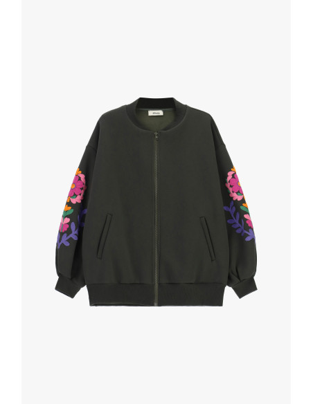 Blazer bomber de corte justo com mangas bordadas com flores Dixie - Verde militar