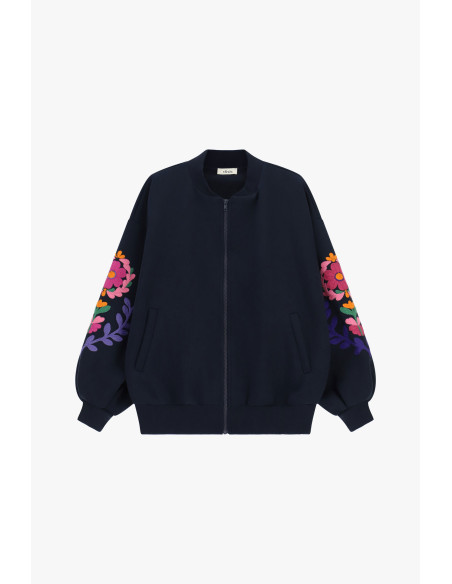 Blazer bomber de corte justo com mangas florais bordadas Dixie - Azul
