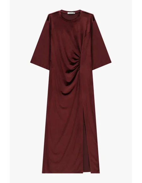 Vestido Comprido com Franzido e Abertura Lateral Please - Bordeaux