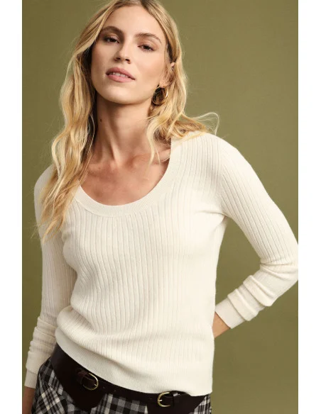 Camisola de gola redonda canelada de manga comprida Please - Creme