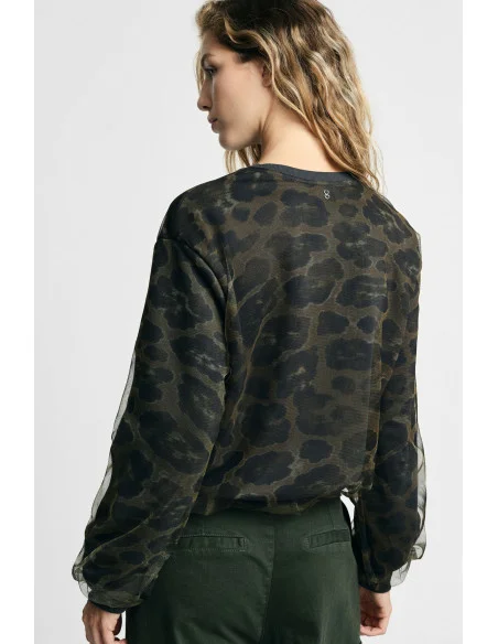 Sweatshirt com Estampado Animalier, Gola Redonda e Mangas Compridas Please