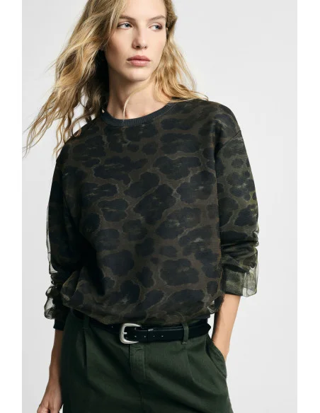 Sweatshirt com Estampado Animalier, Gola Redonda e Mangas Compridas Please
