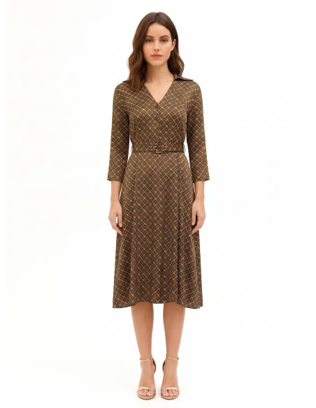 Vestido chemisier midi em cetim com decote em V e cinto rígido a condizer Rinascimento