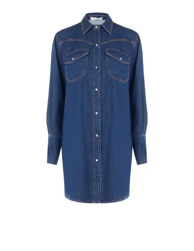 Vestido curto oversized tipo camisa em ganga, com bolsos e botões de pressão Rinascimento
