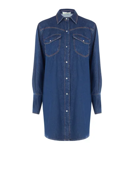 Vestido curto oversized tipo camisa em ganga, com bolsos e botões de pressão Rinascimento