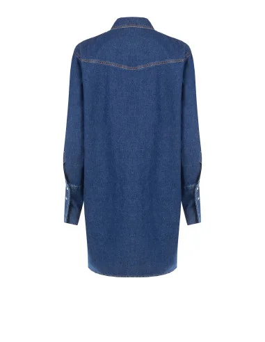 Vestido curto oversized tipo camisa em ganga, com bolsos e botões de pressão Rinascimento