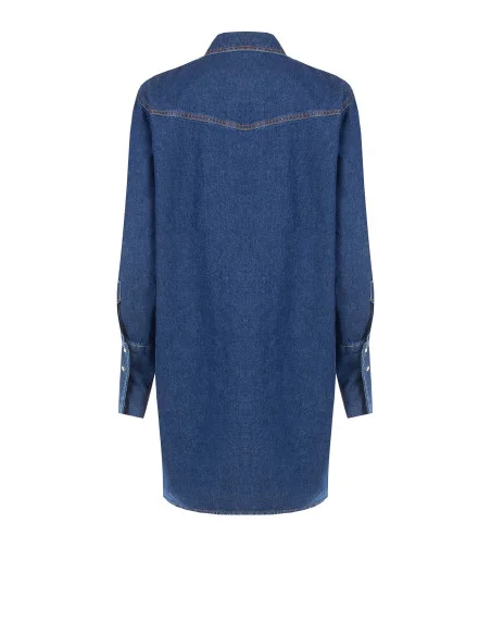 Vestido curto oversized tipo camisa em ganga, com bolsos e botões de pressão Rinascimento
