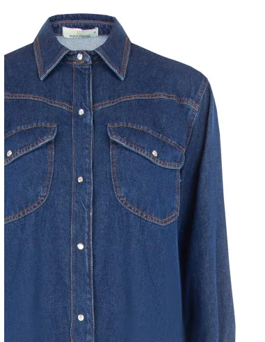 Vestido curto oversized tipo camisa em ganga, com bolsos e botões de pressão Rinascimento