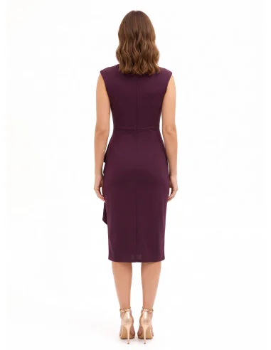 Vestido midi em licra com decote em V cruzado, detalhe de joia e folho comprido Rinascimento
