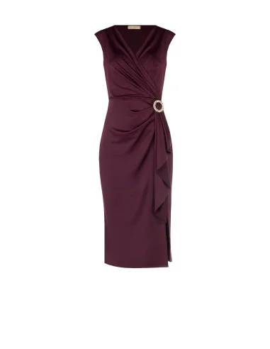 Vestido midi em licra com decote em V cruzado, detalhe de joia e folho comprido Rinascimento