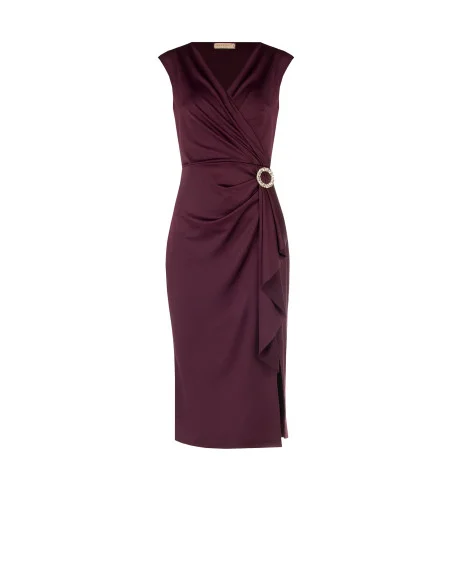 Vestido midi em licra com decote em V cruzado, detalhe de joia e folho comprido Rinascimento