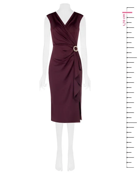 Vestido midi em licra com decote em V cruzado, detalhe de joia e folho comprido Rinascimento