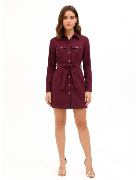 Vestido curto tipo chemise em denim de veludo com cinto a condizer Rinascimento