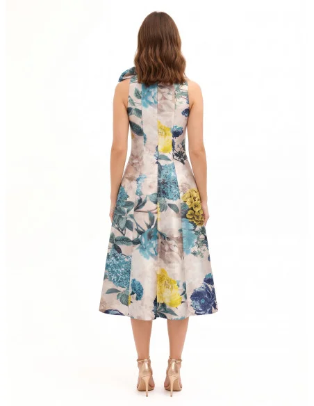 Vestido Midi em Cetim Duchesse Estruturado com Laço e Bolsos Rinascimento - Azul Petróleo