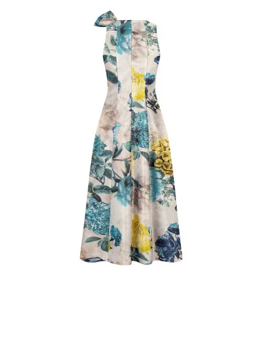 Vestido Midi em Cetim Duchesse Estruturado com Laço e Bolsos Rinascimento - Azul Petróleo