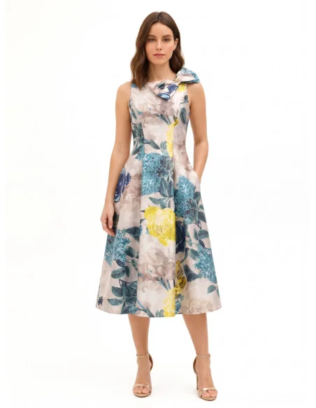 Vestido Midi em Cetim Duchesse Estruturado com Laço e Bolsos Rinascimento - Azul Petróleo