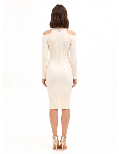 Vestido midi justo em malha canelada com recortes nos ombros Rinascimento