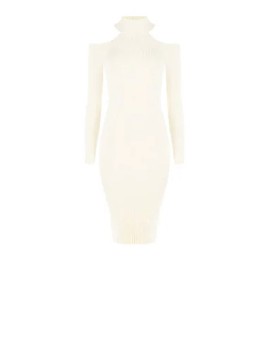 Vestido midi justo em malha canelada com recortes nos ombros Rinascimento