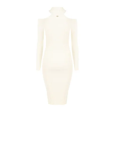 Vestido midi justo em malha canelada com recortes nos ombros Rinascimento