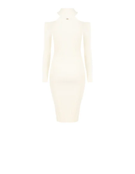 Vestido midi justo em malha canelada com recortes nos ombros Rinascimento