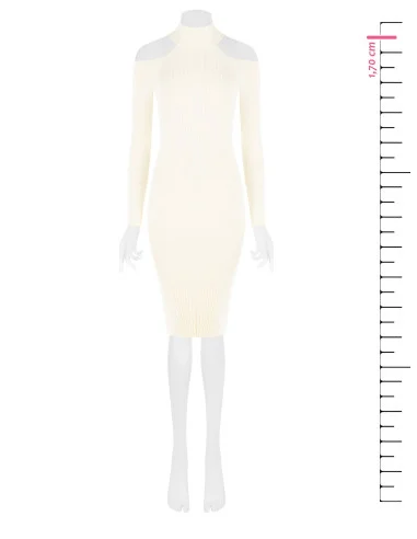 Vestido midi justo em malha canelada com recortes nos ombros Rinascimento