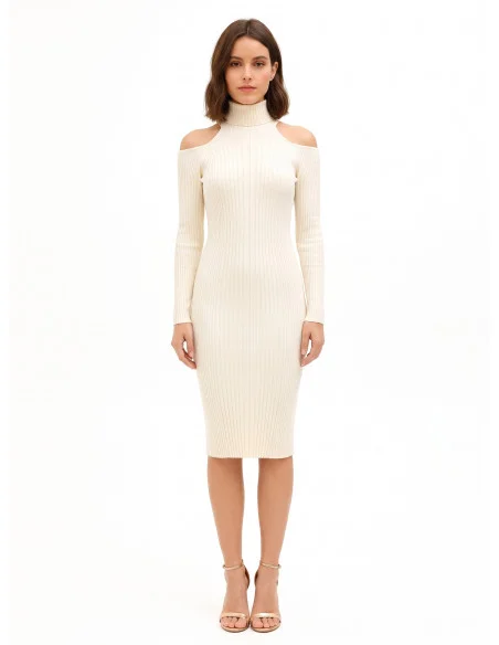 Vestido midi justo em malha canelada com recortes nos ombros Rinascimento