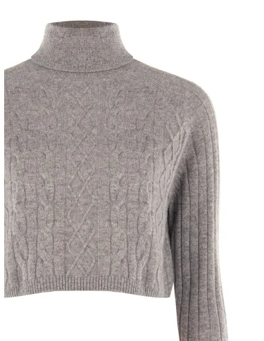 Camisola cropped de gola alta em lã entrançada Rinascimento