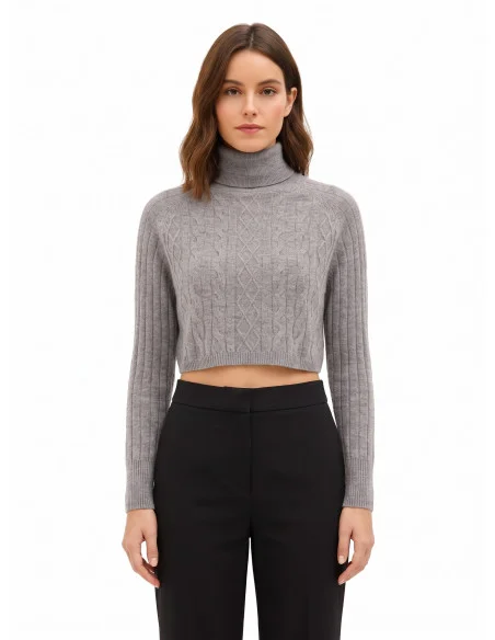 Camisola cropped de gola alta em lã entrançada Rinascimento