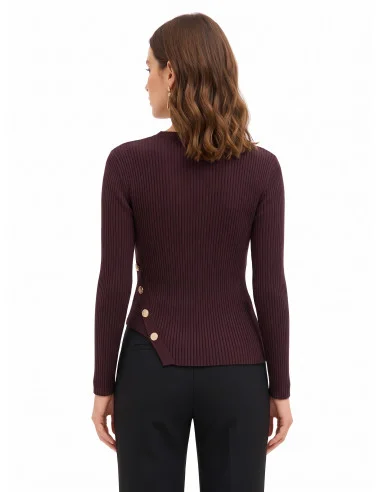 Camisola Justa Assimétrica de Canelado Fino com Botões Joia Rinascimento - Castanho-escuro