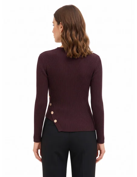 Camisola Justa Assimétrica de Canelado Fino com Botões Joia Rinascimento - Castanho-escuro