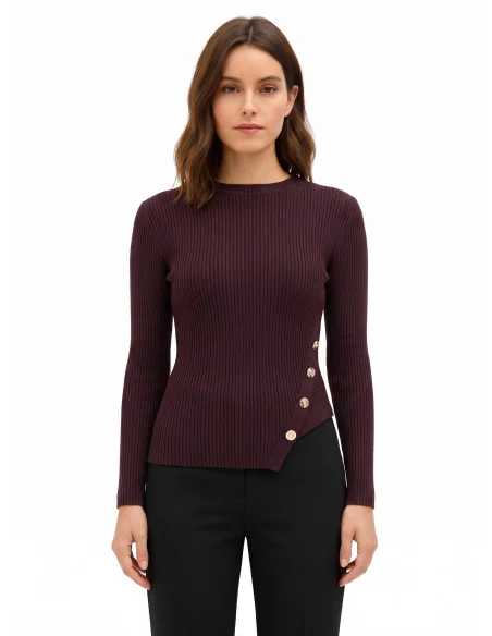 Camisola Justa Assimétrica de Canelado Fino com Botões Joia Rinascimento - Castanho-escuro