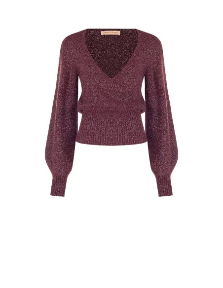 Camisola de fio de lurex com decote em V cruzado Rinascimento - Bordeaux