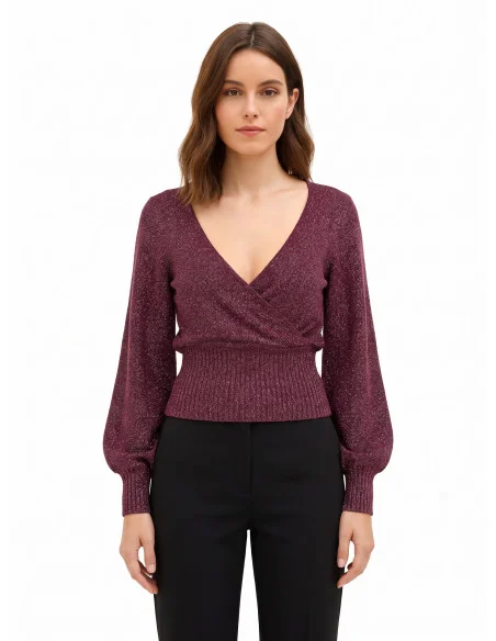 Camisola de fio de lurex com decote em V cruzado Rinascimento - Bordeaux