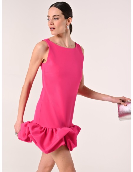 Vestido curto em linha A em tecido técnico com folhos Maxi Rinascimento