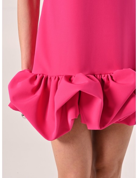 Vestido curto em linha A em tecido técnico com folhos Maxi Rinascimento