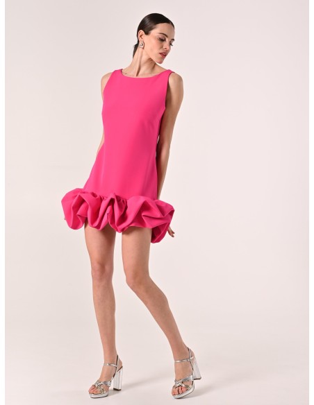 Vestido curto em linha A em tecido técnico com folhos Maxi Rinascimento