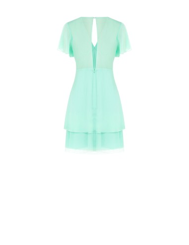 Vestido curto em georgette com dois folhos, decote em V e corte nas costas Rinascimento